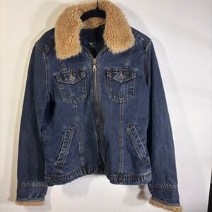 French Cuff Denim Jacket Sherpa Collar Zip Front Dark Wash Size Medium